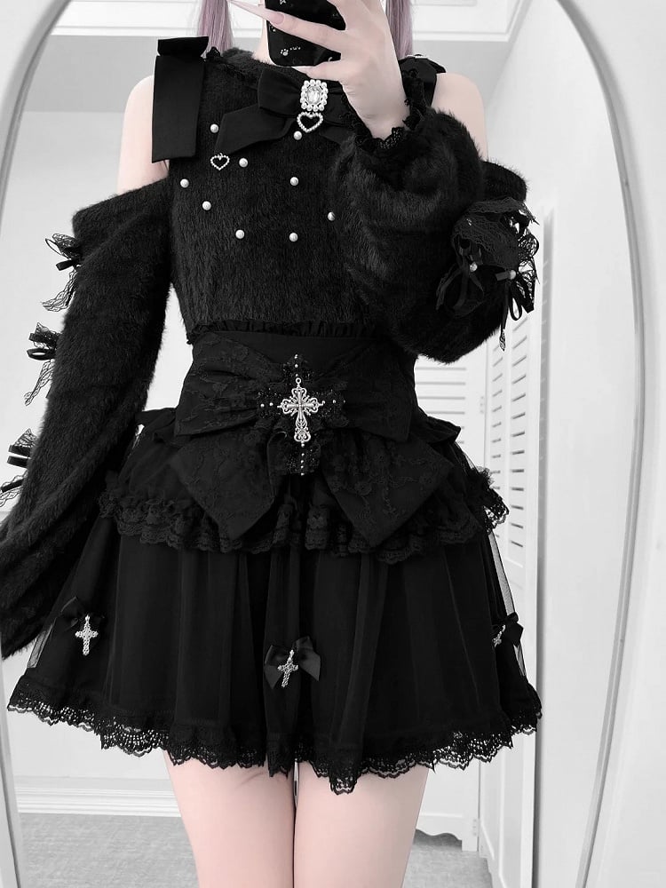 - Skirt Design with Jirai Kei Black Bow Tiered Cross Lace Tulle Edging
