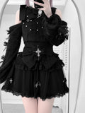 Black Jirai Kei Sweater - Bow Sleeve with Beadwork & Cutout Shoulder