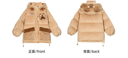 Khaki Cute Capybara Adorned Hooded Down Jacket Detachable Hood