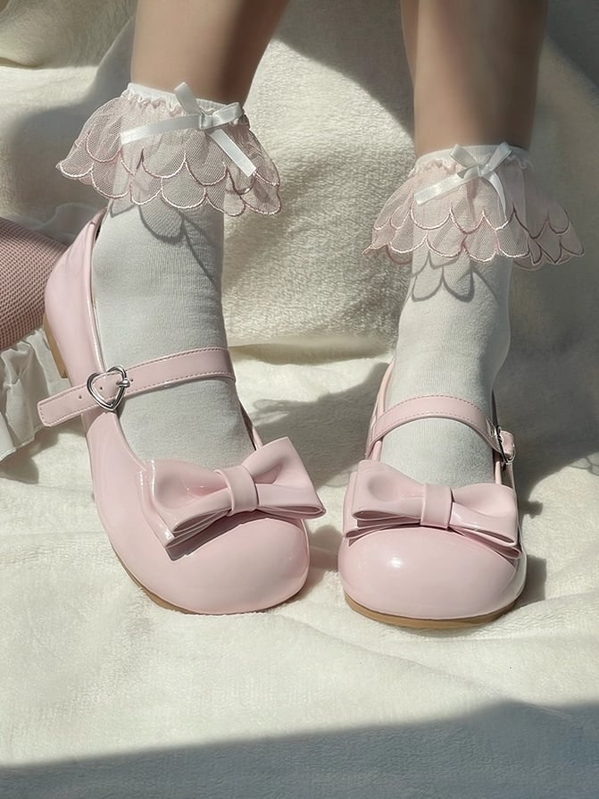 Janes Clasp Bow with Pink Decorative Light - Mary Fashion Lolita for Heart Round Toe