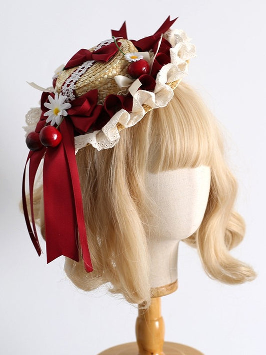 Sweet Daisy Decorated Bowknot Mini Hat Cherry Clips And Lolita Details BeigeRed with