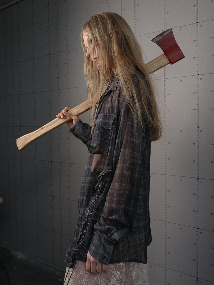 Side Laces Shirt Punk Chiffon with Gray Plaid Cross-Tie Slits