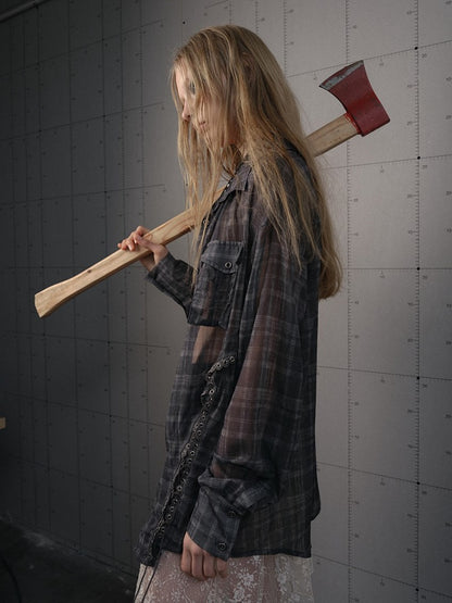 Side Laces Shirt Punk Chiffon with Gray Plaid Cross-Tie Slits