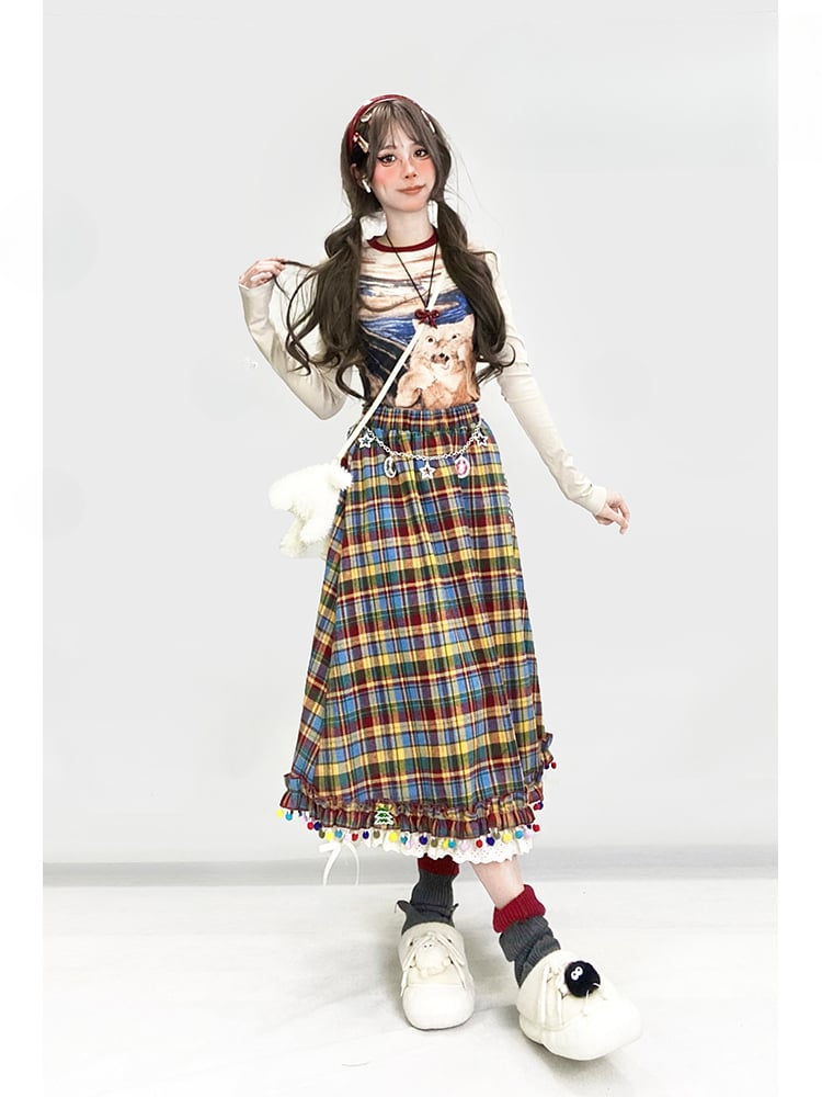 Apricot Round Neck Cat Oil Painting Glamorous Slim-fitting Top