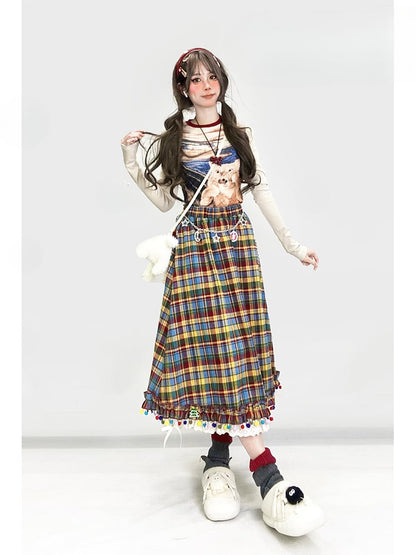 Apricot Round Neck Cat Oil Painting Glamorous Slim-fitting Top