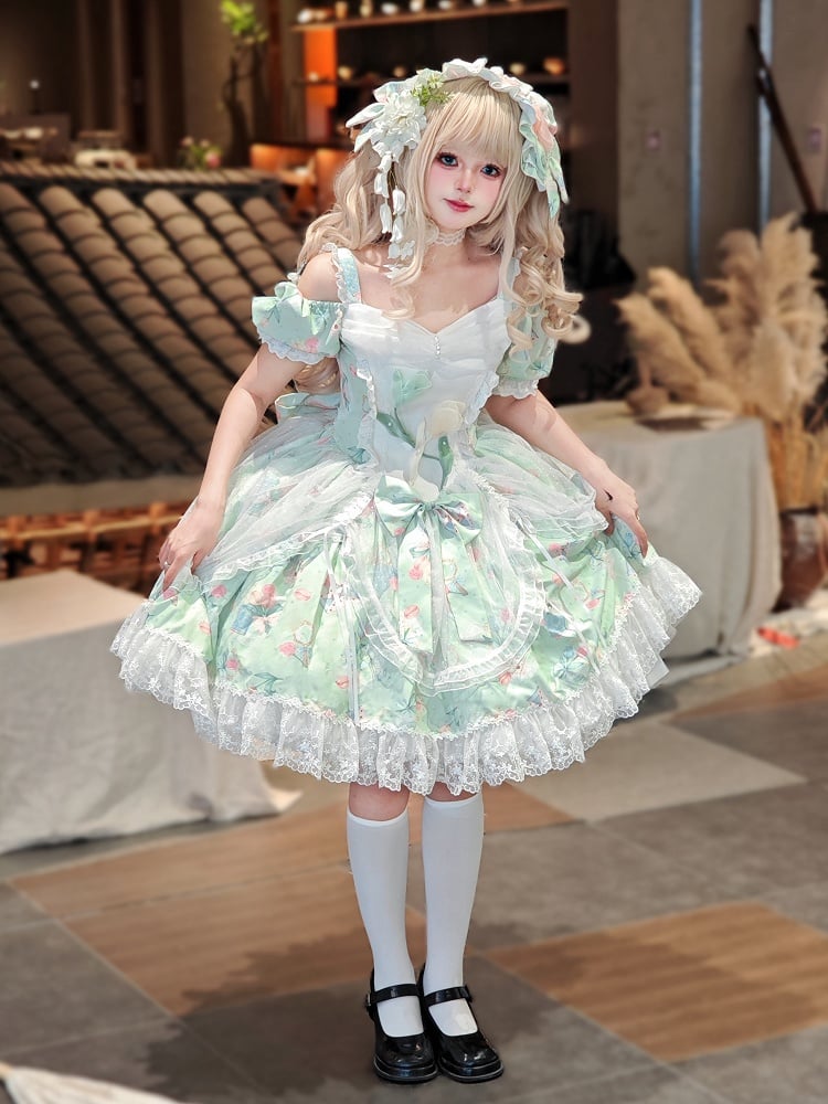 Green Elegant Tulip with Off-Shoulder Drawsting Tulle Overlay Print Lolita Dress