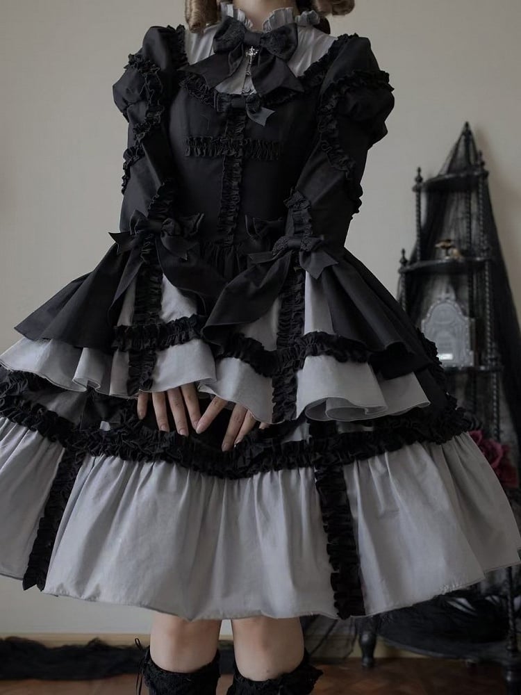 Lolita Gray Sleeves with Bell Black Dress Ruffled Gothic