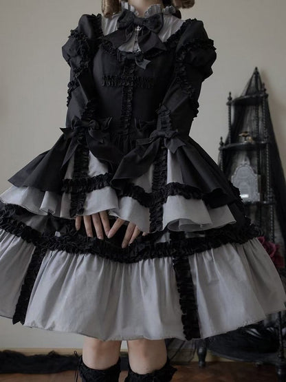 Lolita Gray Sleeves with Bell Black Dress Ruffled Gothic