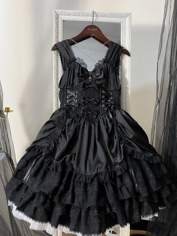 Waist Tiered Princess Black Basque Skirt Dress Drawstring Lolita with Gothic