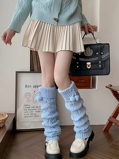 Heart Cable-Knit Pom-Pom Leg Warmers - Kawaii Fairy Kei & Sweet Lolita Accessory, 4 Colors