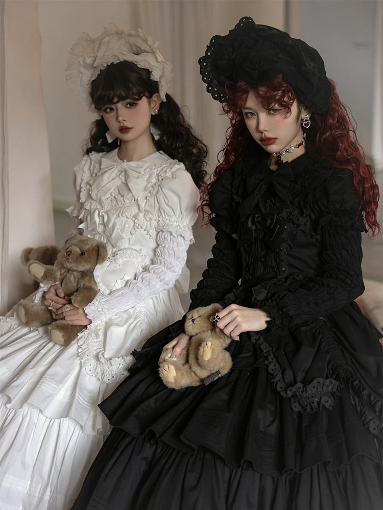 Heart-shaped Lolita Version Bowknots Black Dress and with Long JSK Ruffled Gothic Decoration