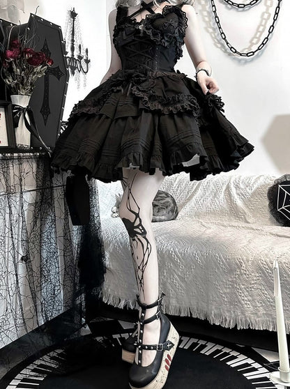 Dress Short Bowknots Heart-shaped Lolita Gothic Version JSK and Decoration Ruffled Black with