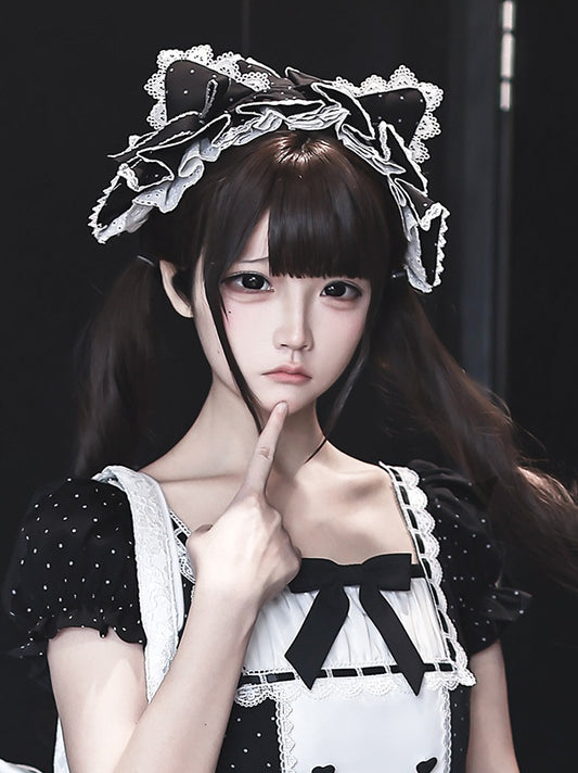 Black and White Polka Dot Lace Cat Ear Hairband - Ekomi
