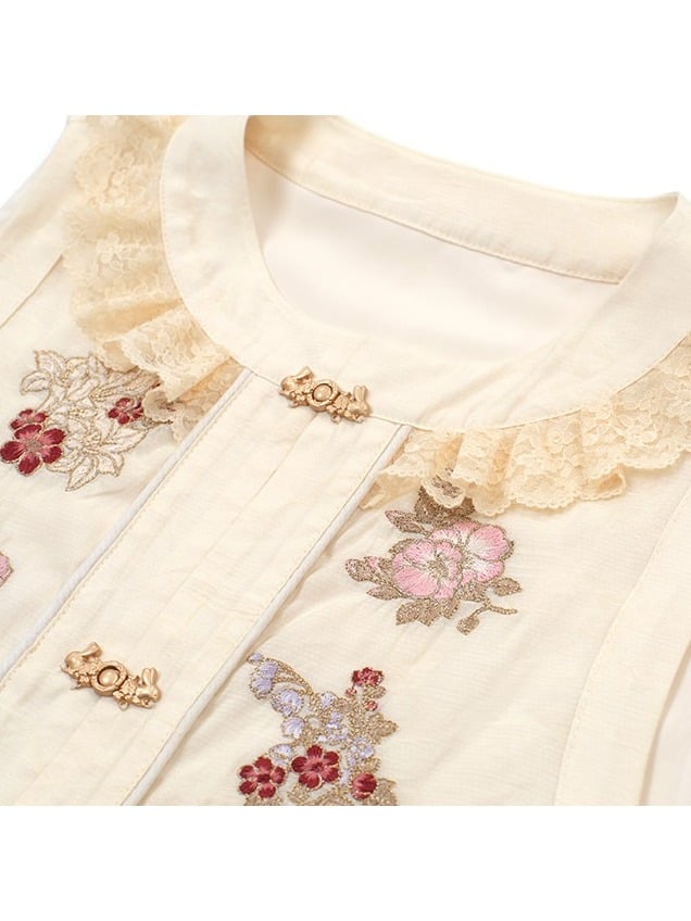 Cottagecore Beige Floral Embroidered Vest with Ruffle & Lace - Yimu Walnut