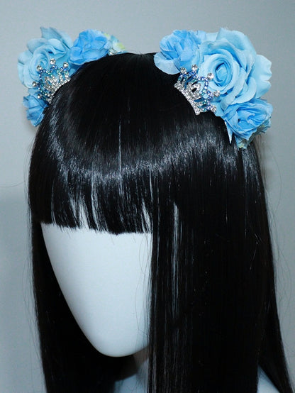 Details Crown Blue Cat Design with Rhinestone Ear Floral Hairclips