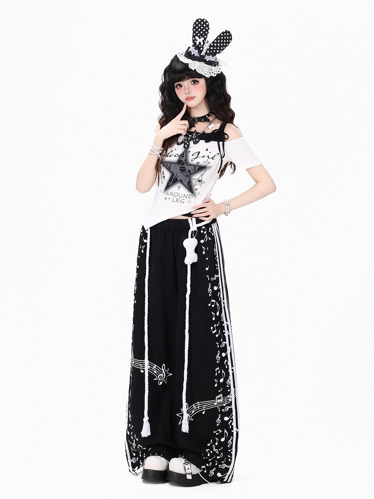 Black Music Note Printed Straight Leg Pants with Waist Cord - Kawaii Daily - CRAZY GIRL