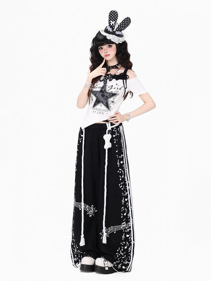 Black Music Note Printed Straight Leg Pants with Waist Cord - Kawaii Daily - CRAZY GIRL