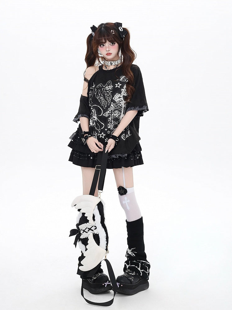 ブラック/ベージュ カットアウトショルダー グラフィティ ビタースイート Tシャツ エンジェルラッキー