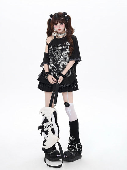 ブラック/ベージュ カットアウトショルダー グラフィティ ビタースイート Tシャツ エンジェルラッキー