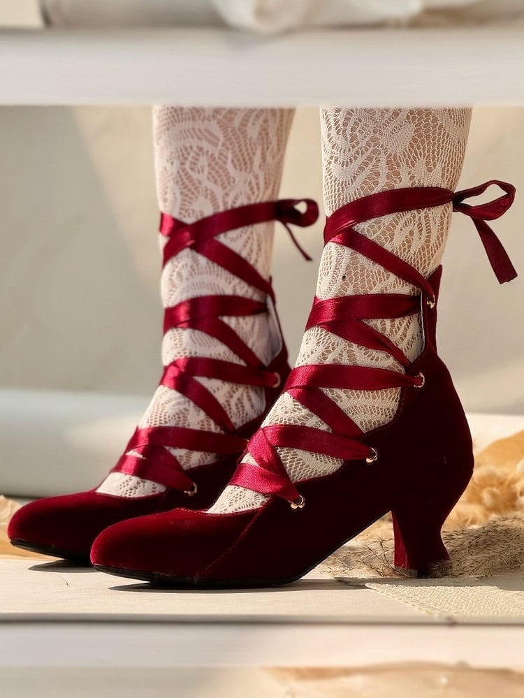 Design Shoes Red Lace-Up Wine Velvet in Toe Closure Pointed Classic Lolita