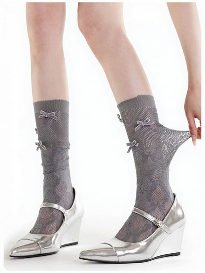 4-Color Ribbed Mesh Calf Socks with Bow Decoration - ModaSwings