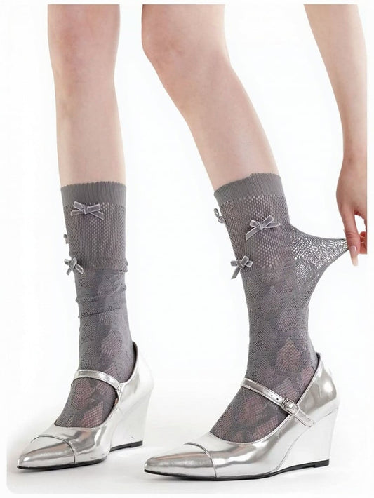 4-Color Ribbed Mesh Calf Socks with Bow Decoration - ModaSwings