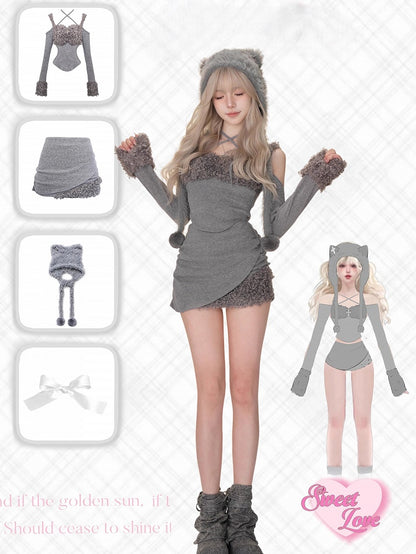 Gray Off-the-shoulder Top with Plush Cuffs & Metal Cross