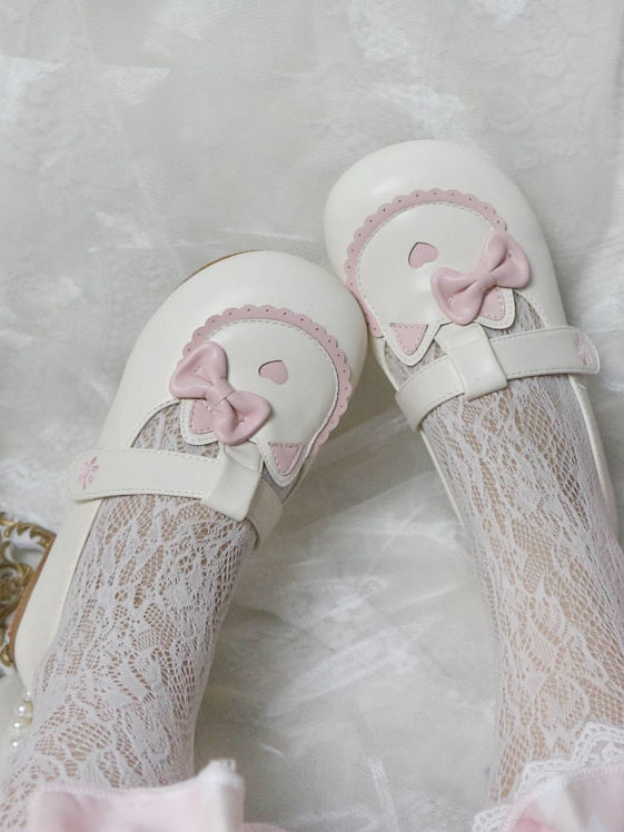 Flat T- with Beige Cat Paw Cute Lolita Strap Embroidered Sweet Kitty Shoes