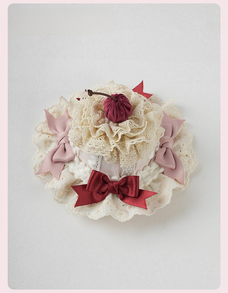 スイートロリータピンクのリボンとチェリーケーキのレイヤードレーストリムのミニハット