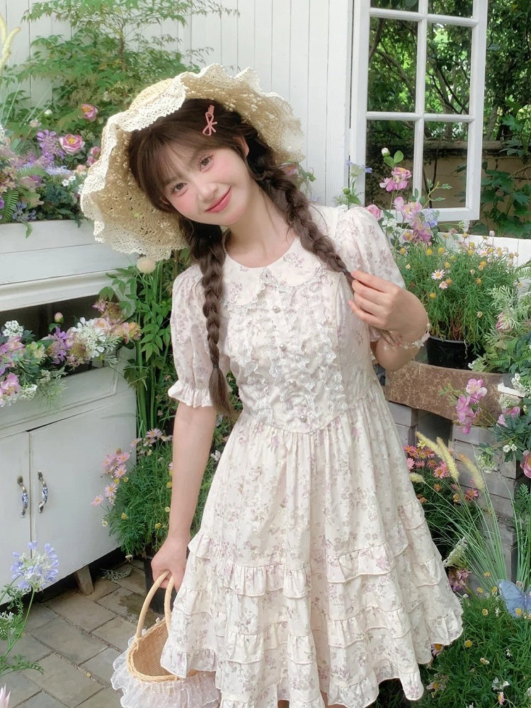 Bow Floral Dress White Peter Pan Collar Self-tie Waist Sweet
