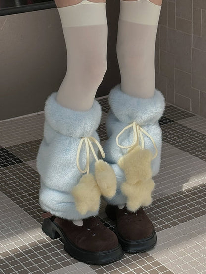 Süße Beinwärmer aus Plüsch in Weiß/Gelb/Rosa/Blau/Braun mit sternförmigen Pompons