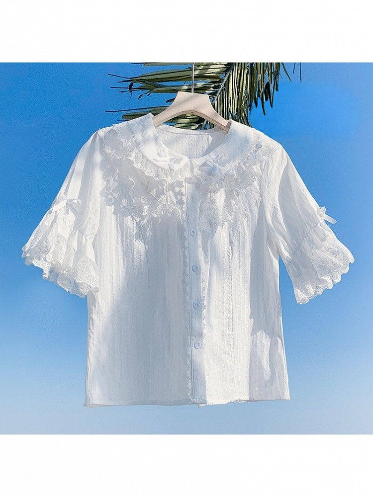 White Kawaii Lace Trim Blouse - Lan Jian Chuan