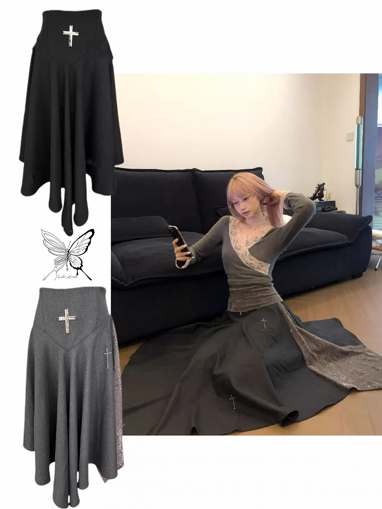 Lace Ankle-Length Cross Stitch Black/Dark Skirt with Gothic Gray Detailing Embroidered