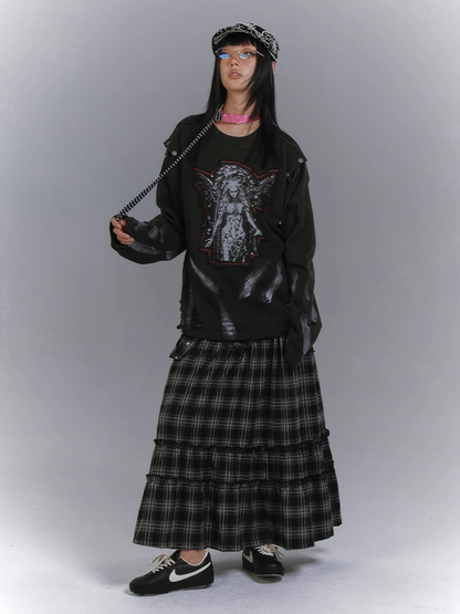 ダメージ加工スウェットシャツデザイン ブラックカットアウトショルダー フェードウォッシュアップリケ