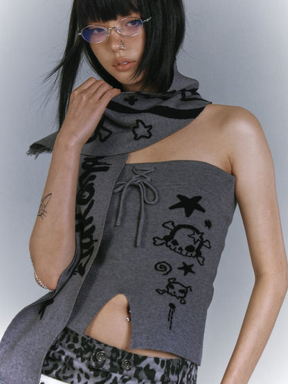 Skull + Punk Star Scarf Edgy Front Matching with Gray Slit Strapless Print Top