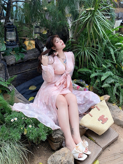 Kleid Rosa Pfirsichblütendruck Urlaub Übergröße Selbstbinden Schleife Vorne