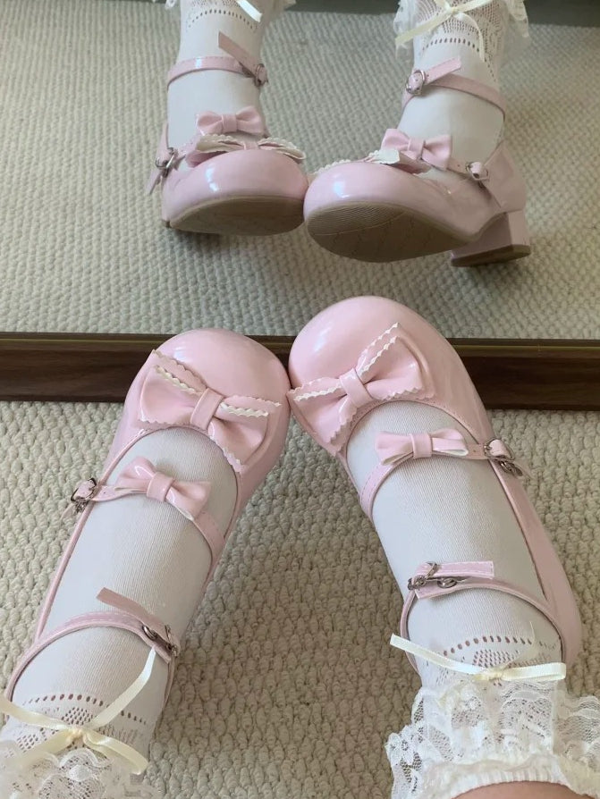 Janes Low-heel/Mid-heel Bow Mary Pink Charming Sweet Embellishments with Design Lolita