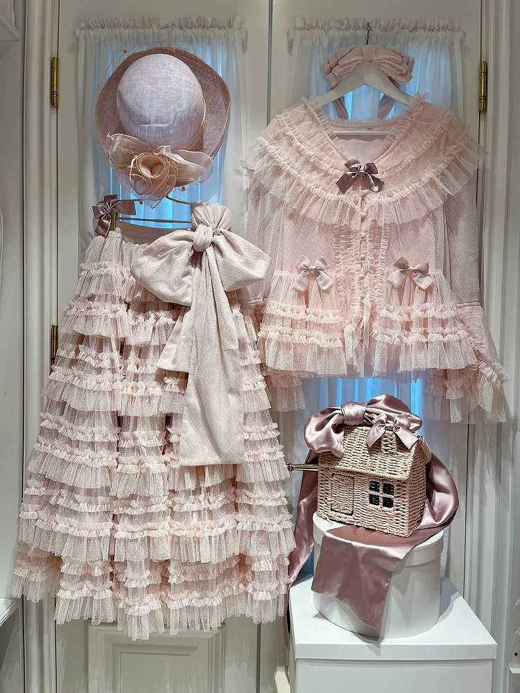 Multi-layered Set Blouse + Belt - Mesh Elegant Bell Sleeves Waist Skirt Lolita Cotton Vest Pink Classic Tulle Dotted