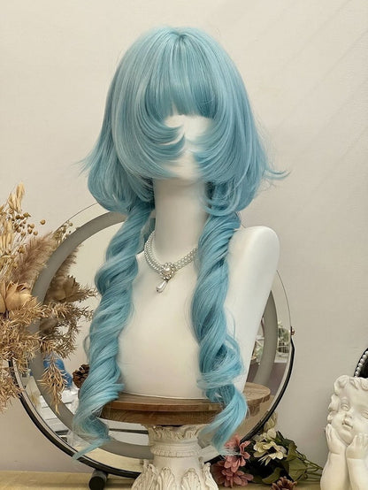 Blue 78cm Long Roman Curly Wig with Full Bangs - Alice Garden
