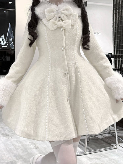 Waist-Cinching Landmine Bow-Detailed Style Long Beige Cuffs Collar Coat Furry with
