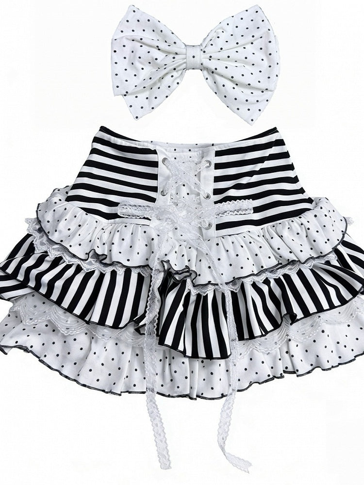 Cute Lace Trim Skirt with Stripe and Polka Dot - Yameko