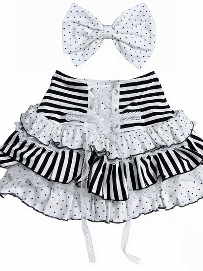 Cute Lace Trim Skirt with Stripe and Polka Dot - Yameko
