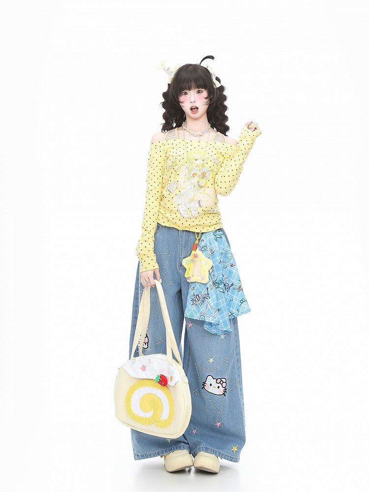 Kawaii Blue Star Jeans with Kitty Embroidery and Plaid Bandana Accent - Languid Park