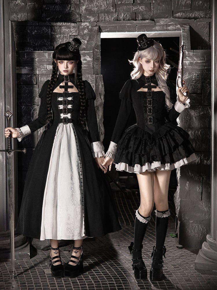 Black and White Gothic Long Lolita OP Gown with Metal Buckle and Mini Hat Set - With PUJI