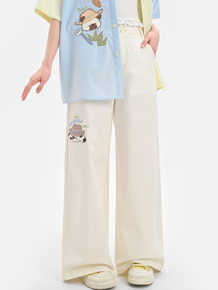Taille Cartoon Tier Stickerei Regelmäßige/Lange Weite Bein Hosen Beige Hohe Version