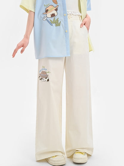 Taille Cartoon Tier Stickerei Regelmäßige/Lange Weite Bein Hosen Beige Hohe Version
