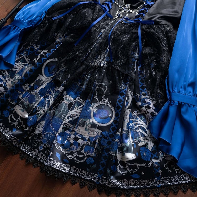 Short Skull Under and Spider with Print JSK Web Blue Dress Bust Gothic Lolita Rosette Overlay Klein