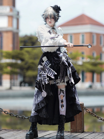 Lolita High-low Skirt Outfit Vibes Black Belt Ouji Shorts Circus Print + Shirt Bunny Corset - White