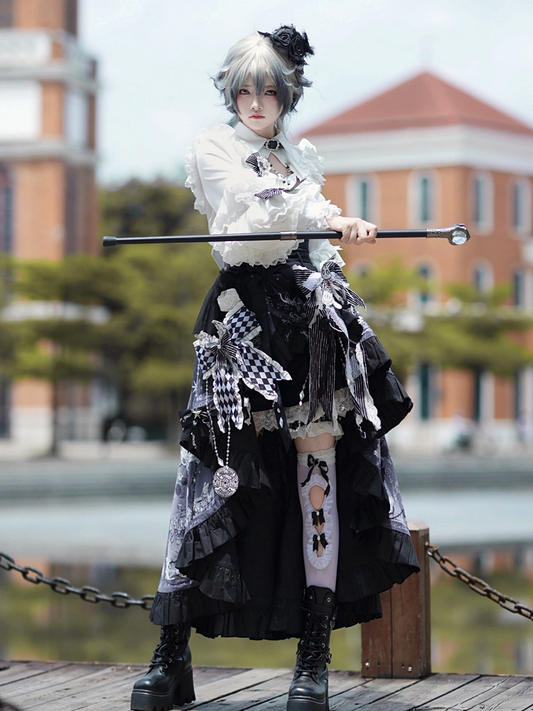 Lolita High-low Skirt Outfit Vibes Black Belt Ouji Shorts Circus Print + Shirt Bunny Corset - White