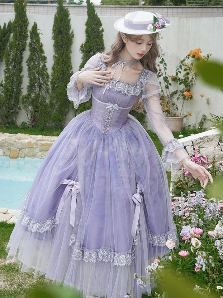 Drucken Lily Lange Öl Kleid Wasser Ausschnitt Malerei Ärmel Lila Lolita Rock Klassische Quadrat